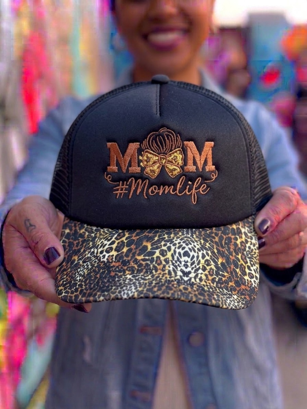 #MomLife Leopard Bill Trucker Hat — Black & Brown